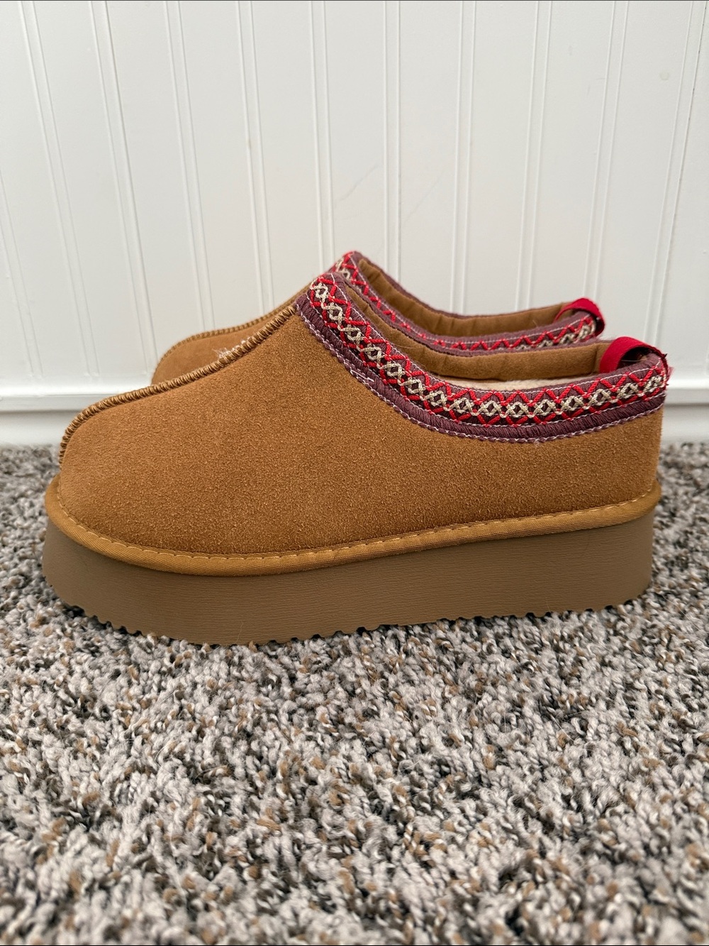 Women's Tan Suede Slip-On Platform Shoes with Red Trim